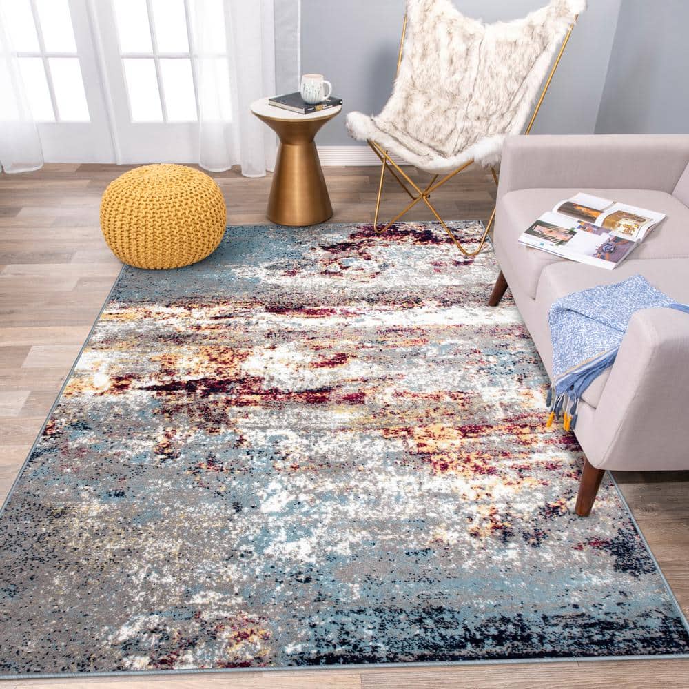 Distressed Abstract Watercolor Multi-Color Area Rug 7'10" x 10'