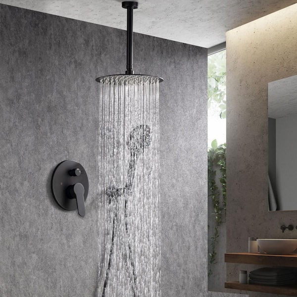 Ceiling Single-Handle 3-Spray Round High Pressure Shower Faucet with 10 in. Shower Head in Matte Black (Valve Included)