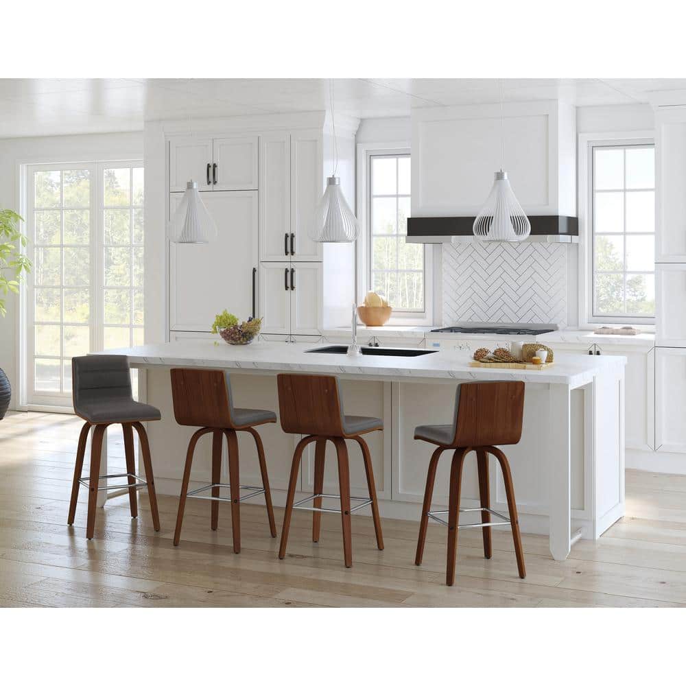 Vienna 26 in. Bar Stool in Walnut Wood with Grey Pu Upholstery