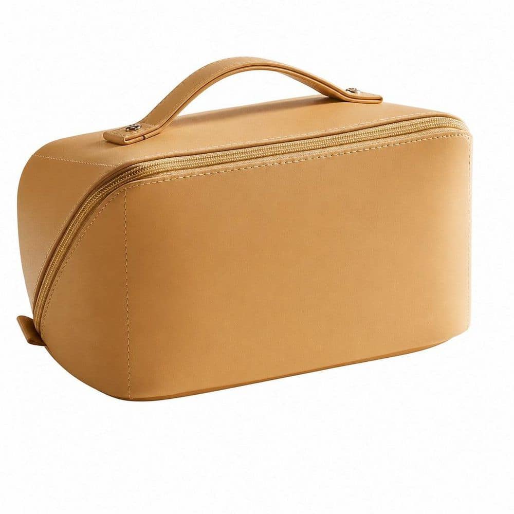 Travel Makeup Bag in AM-Yellow, Large Capacity Cosmetic Bag, Waterproof PU Leather, Flat Open Portable Toiletry Bag
