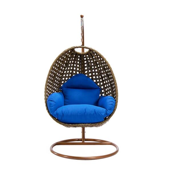 Leisuremod Beige Wicker Indoor Outdoor Hanging Egg Swing Chair For