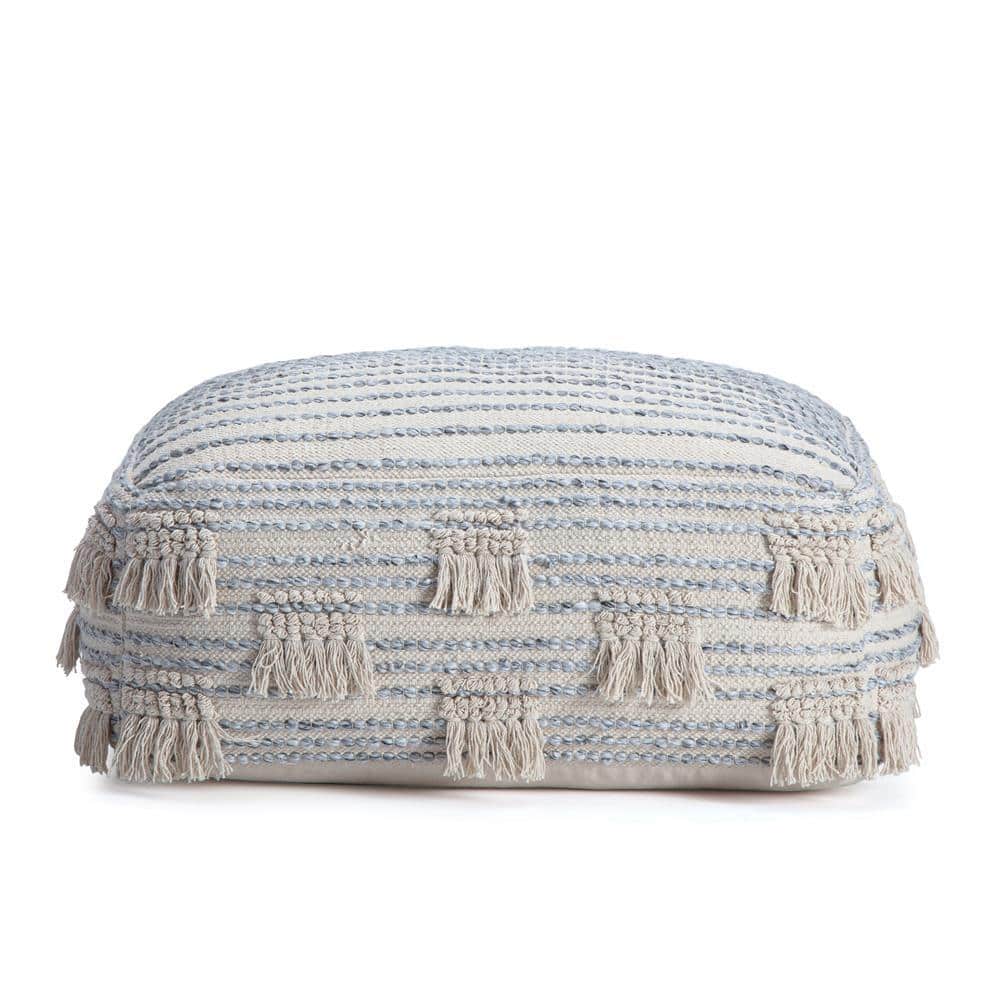Front view of a beige and gray striped square ottoman with tassels.