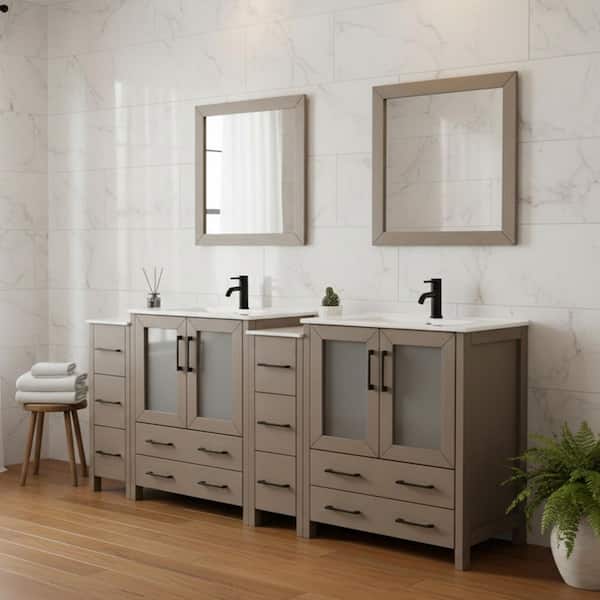 84 in. W x 18 in. D x 36 in. H Driftwood Gray Bath Vanity with White Ceramic Top and Mirror