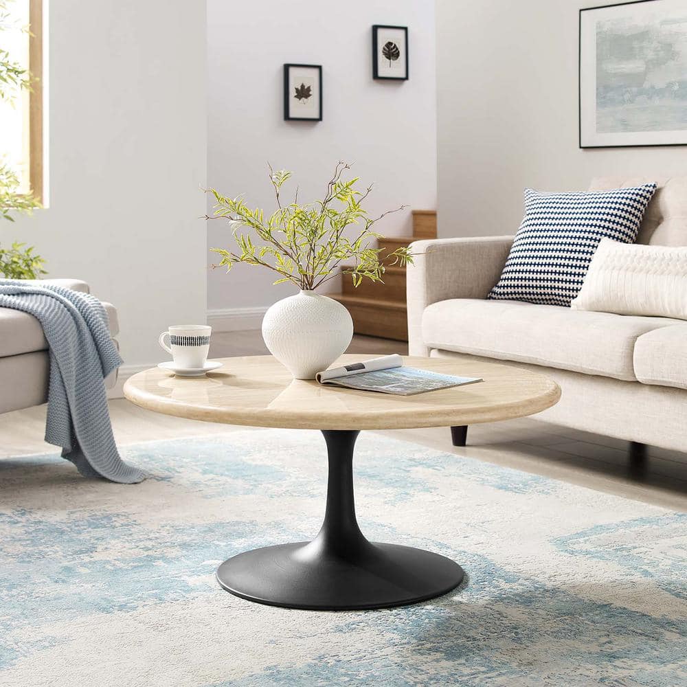 MODWAY Lippa 36 in. in Black Travertine Round Wood Artificial