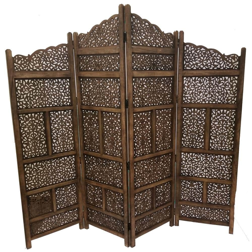 Handmade Dark Brown Mango Wood 4-Panel Room Divider