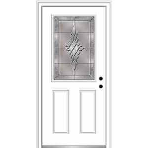 32 in. x 80 in. Grace Left-Hand Inswing 1/2-Lite Decorative 2-Panel Primed Steel Prehung Front Door, 4-9/16 in. Frame