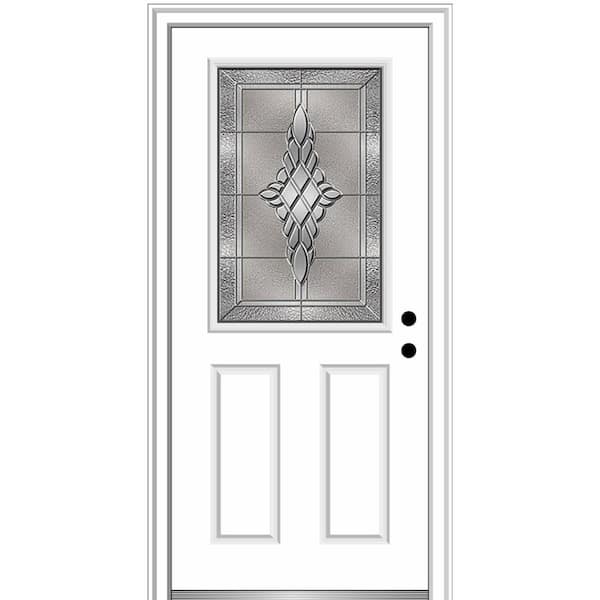 MMI DOOR 32 in. x 80 in. Grace Left-Hand Inswing 1/2-Lite Decorative 2-Panel Primed Steel Prehung Front Door, 4-9/16 in. Frame