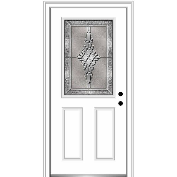 MMI Door 34 in. x 80 in. Grace Left-Hand Inswing 1/2-Lite Decorative 2-Panel Primed Steel Prehung Front Door on 6-9/16 in. Frame
