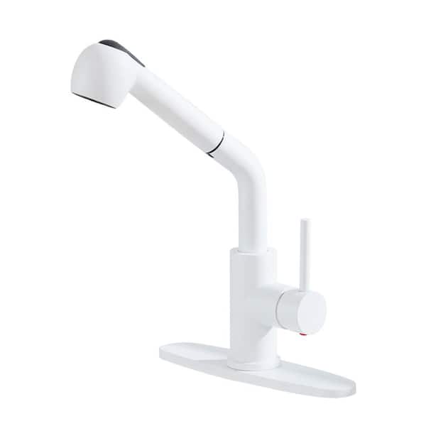 Boyel Living Single Handle Pull Out Sprayer Kitchen Faucet with Deck Plate Included and Water Supply Hoses in Matte White