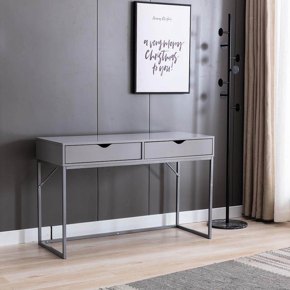 Contemporary Gray Wood Writing Desk with Drawer and Metal Base