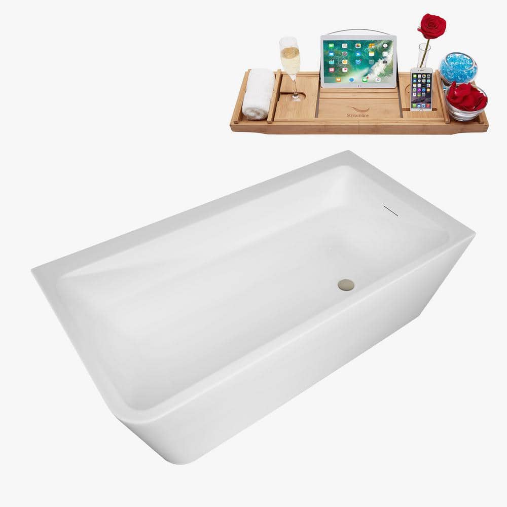 59" Glossy White Acrylic Freestanding Soaking Bathtub with Bamboo Tray