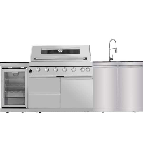 43 in. Deluxe 6-Burner Propane Gas Grill Island Outdoor Kitchen with Rotisserie kit Refrigerator Sink in Stainless Steel