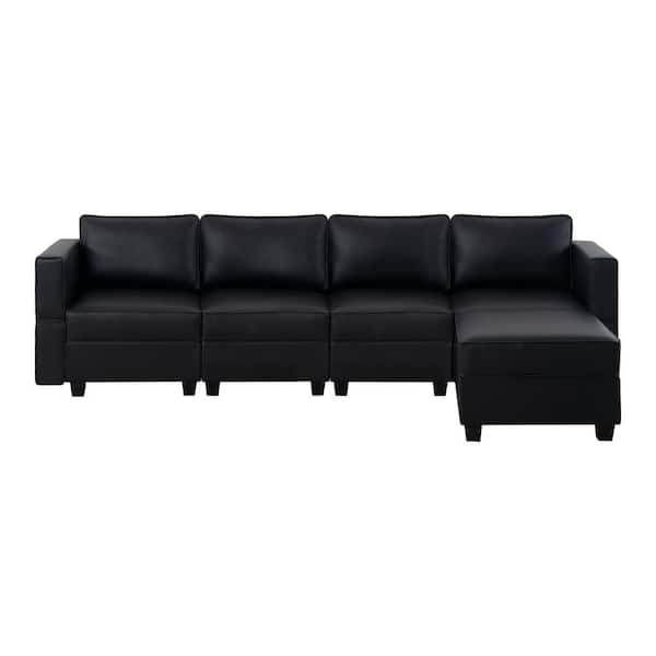 112.6 in. W Faux Leather 4-Seater Living Room Modular Sectional Sofa Ottoman Streamlined Comfort in. Black