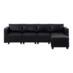 112.6 in. W Black Faux Leather 4-Seater Sofa with Ottoman with Storage, Sectional Sofa 1 Piece Living Room Suite