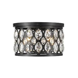 Dealey 14.75 in. 4-Light Matte Black Flush Mount with Matte Black and Clear Crystal Steel and K9 Crystal Shade