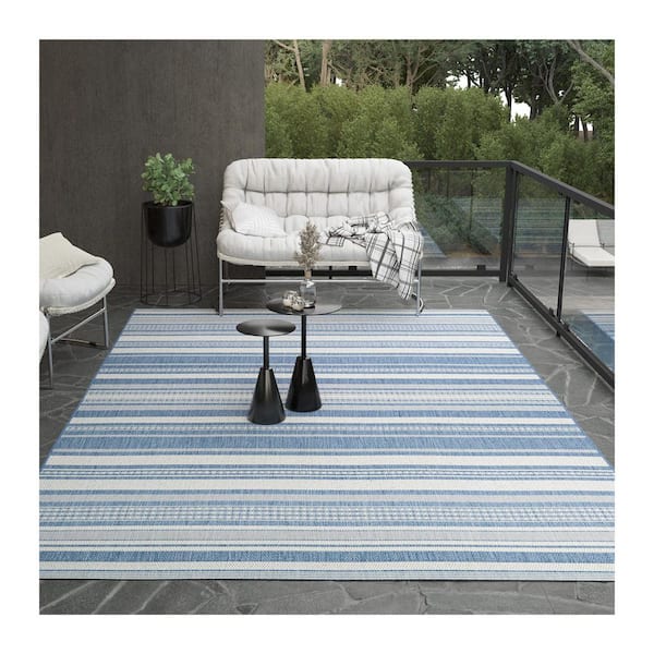 Recife Gazebo Stripe Ivory-Blue 9 ft. x 12 ft. Indoor/Outdoor Area Rug
