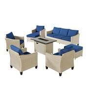 Camelia C Beige 8-Piece Wicker Patio Rectangular Fire Pit Seating Set with Navy Blue Cushions