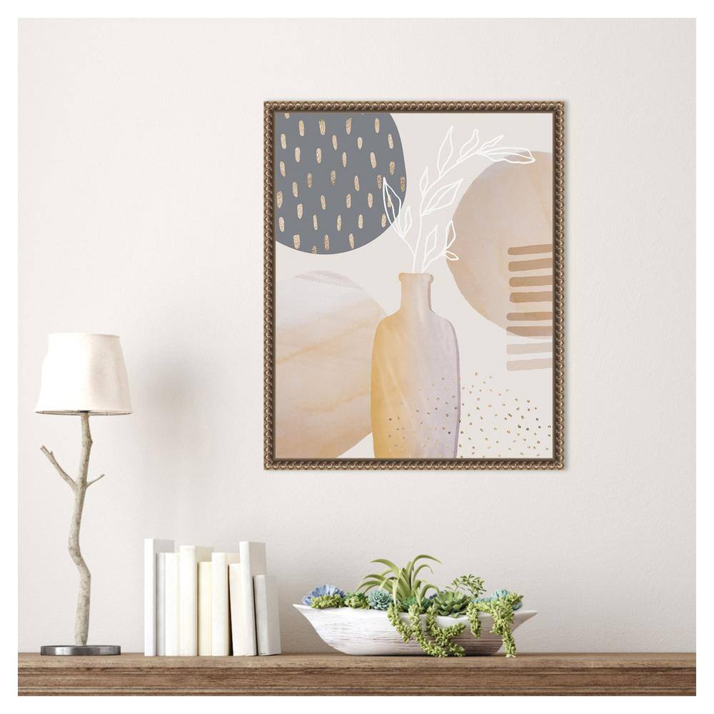 Mid-Century Floral II Beige and Gray Canvas Print with Bronze Frame