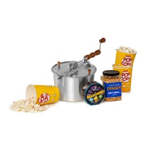6 Qt. Aluminum Silver Stovetop Popcorn Popper with Popcorn, Movie Reel Seasonings and 4 Tubs 7-Piece Popcorn Set