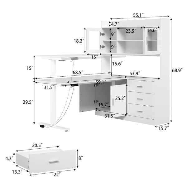 FUFU&GAGA 68.5 in. W L-Shaped White Wood 3-Drawer Electric