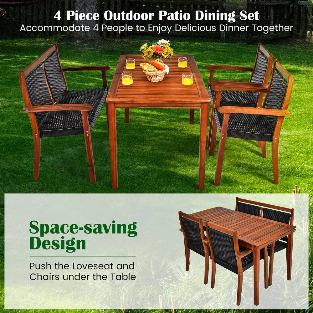 4-Piece Brown Wood and Black Rattan Patio Dining Set