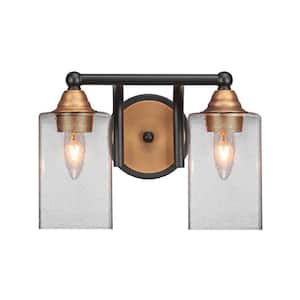 Madison 6.75 in. 2-Light Bath Bar, Matte Black and Brass, Square Clear Bubble Glass Vanity Light