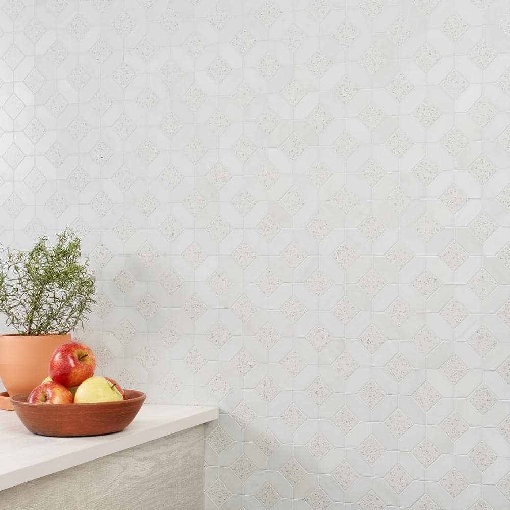 Salt White Polished Marble and Terrazzo Mosaic Tile Sheet