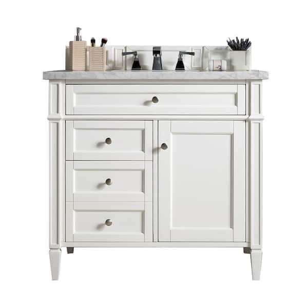 James Martin Vanities Brittany 36 in. W x 23.5 in.D x 34 in. H Single Vanity in Bright White with Marble Top in Carrara White