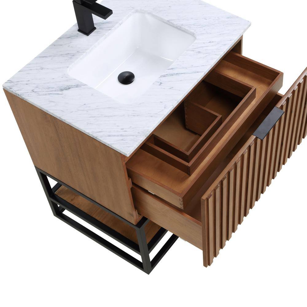 Terra Walnut and Matte Black Single Bathroom Vanity with Carrara Marble Top