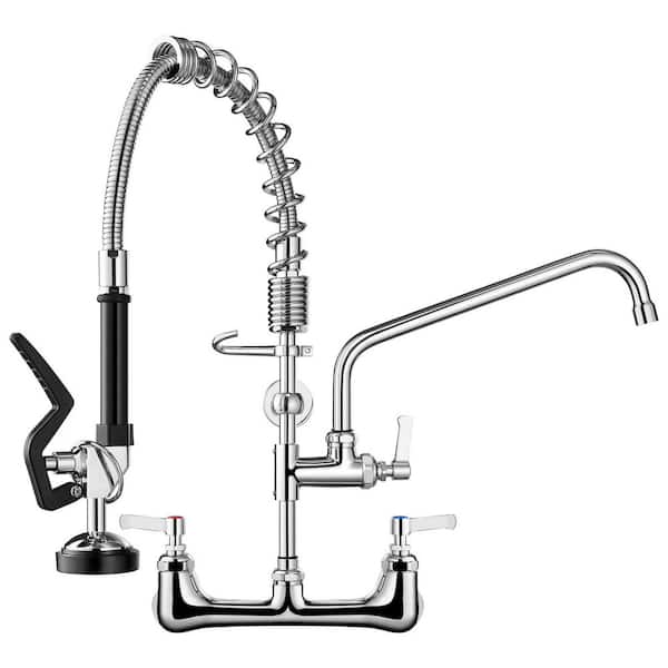Commercial Pull Down Double Handle Wall Mount Pre-Rinse Spray Standard Kitchen Faucet in Polished Chrome