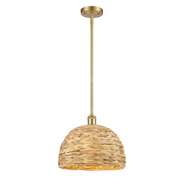 Innovations Woven Rattan 100-Watt 1-Light Satin Gold Shaded Mini Pendant Light with Rattan Shade