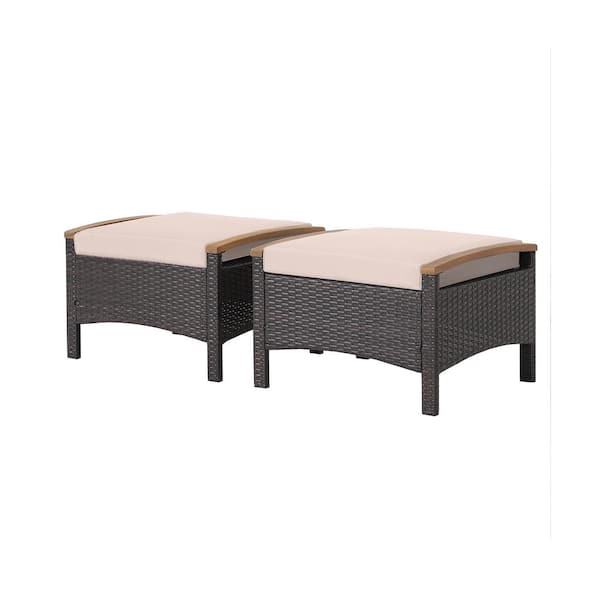 Unbranded Mix Brown Frame Wicker Outdoor Ottoman with Light Brown Cushion, 2 Pack
