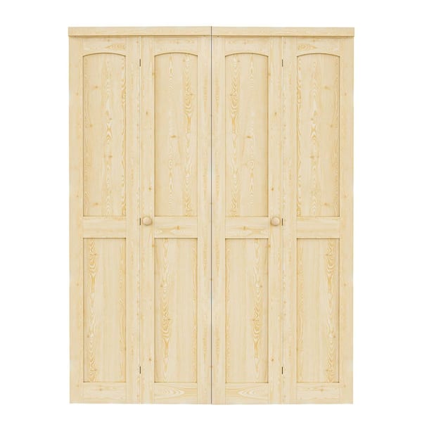 60 in. x 80 in. Arch Panel 2-Lite Solid Core Unfinished Pine Wood Interior Closet Bi-Fold Door with Hardware
