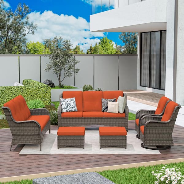 Brown 6-Piece Wicker Patio Conversation Set Rattan Seating Set with Orange Cushion