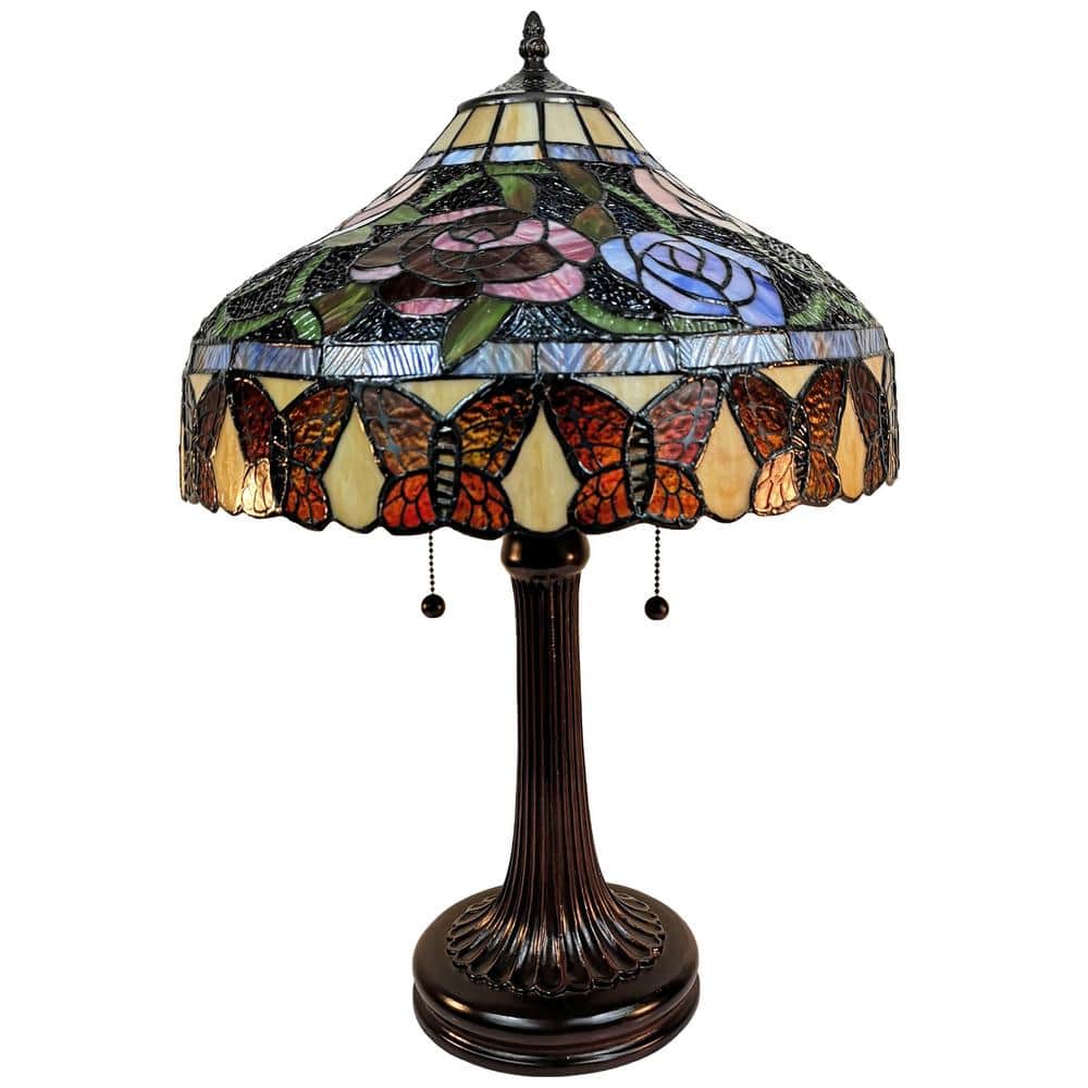 23" Bronze Stained Glass Floral Butterfly Table Lamp