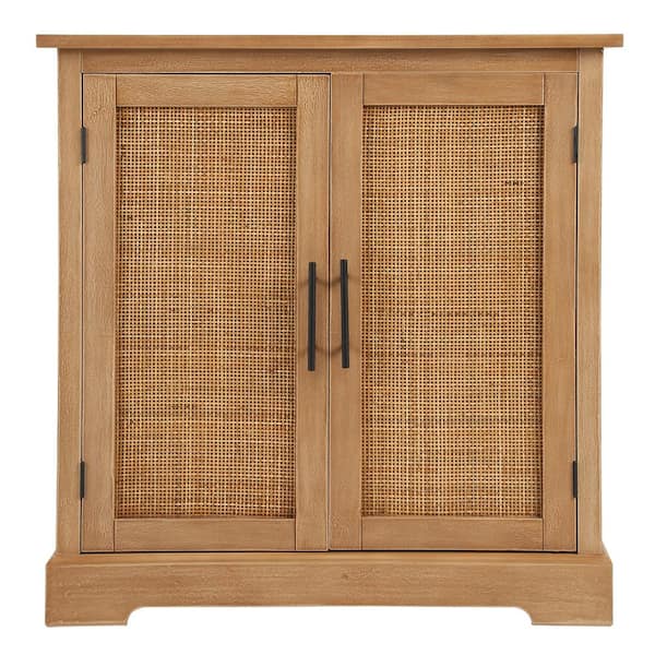 Unbranded Brown Wooden Accent Cabinet Sideboard Buffet with Shelves and 2-Rattan Doors