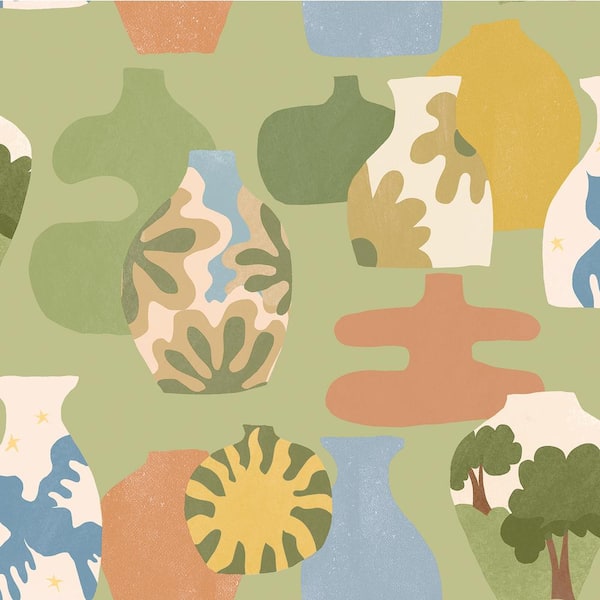 NuWallpaper Green Sage Miracle Vases Peel and Stick Wallpaper Sample