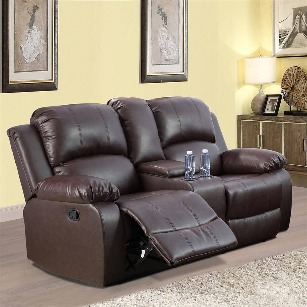 73.5 in. W Pillow Top Arm Faux Leather Rectangle Reclining Sofa in Brown