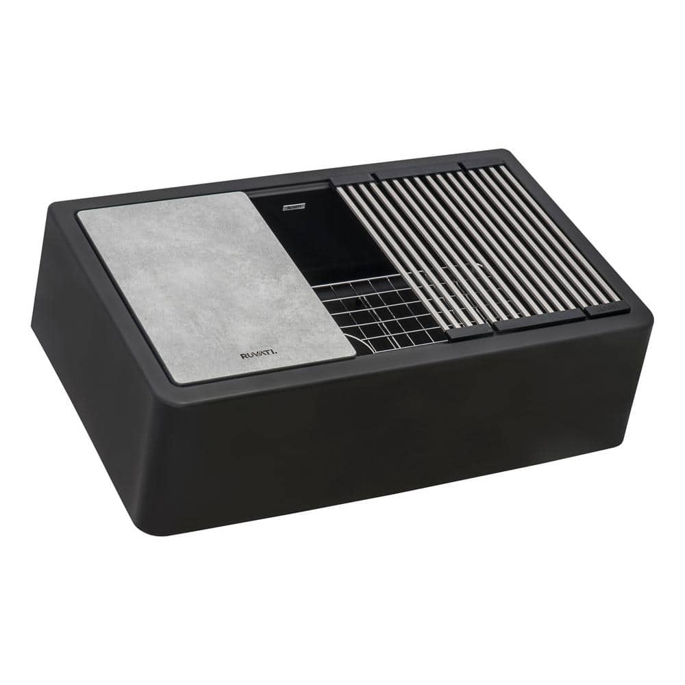 Midnight Black Granite Farmhouse Workstation Sink with Accessories