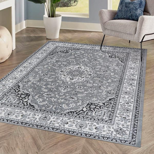 JONATHAN Y Palmette Modern Persian Floral Gray/Cream 5 ft. x 8 ft. Area Rug