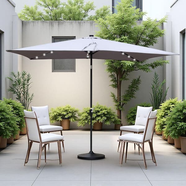 10 ft. x 6.5 ft. Rectangular Aluminum Market Solar LED Lights Push Button Tilt Patio Umbrella in Light Grey