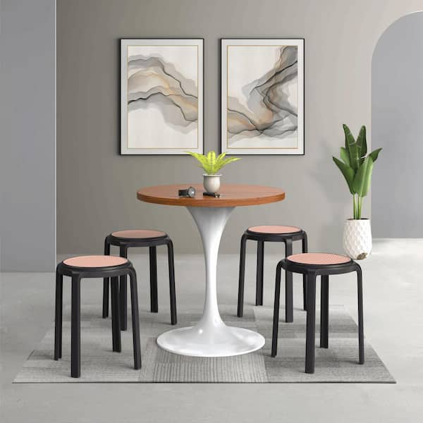 Tresse Stackable Round Dining Stool – Backless Wicker-Top Seat for Kitchen, Patio, Garden Set of 2 in Black