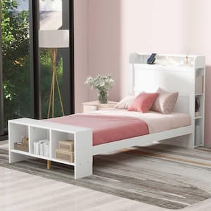 White Wood Frame Twin Platform Bed with Shelves, LED Light and USB Ports