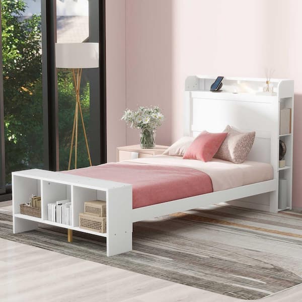 Nestfair White Wood Frame Twin Platform Bed With Shelves Led Light And