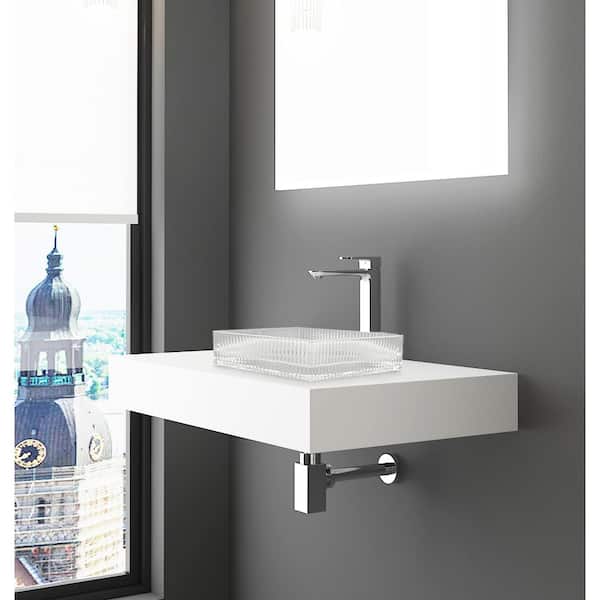 30 in. Wall Mounted Bathroom Countertop Shelf in White Solid Surface with Clear Square Glass Vessel Sink