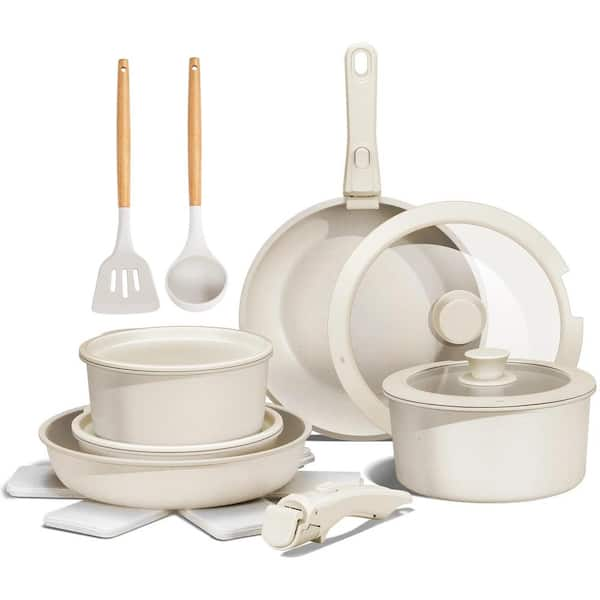 17-Piece Cream Ceramic Nonstick Cookware Set with Removable Handles