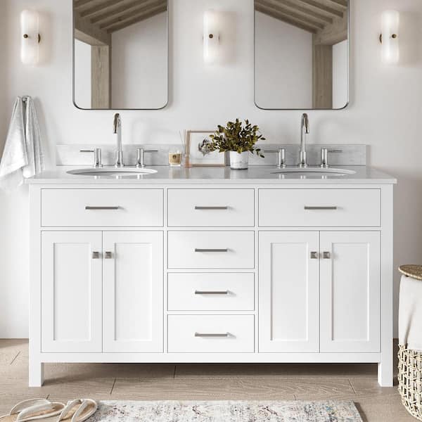 ARIEL Bristol 61 in. W x 22 in. D x 35.25 in. H Double Freestanding Bath Vanity in White with White Marble Top