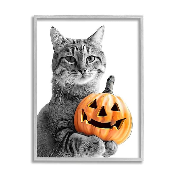 Stupell Industries Cat and Jack-o-Lantern by Annalisa Latella 1-Piece Framed Graphic Print Animal Poster Art Print 14 in. x 11 in.