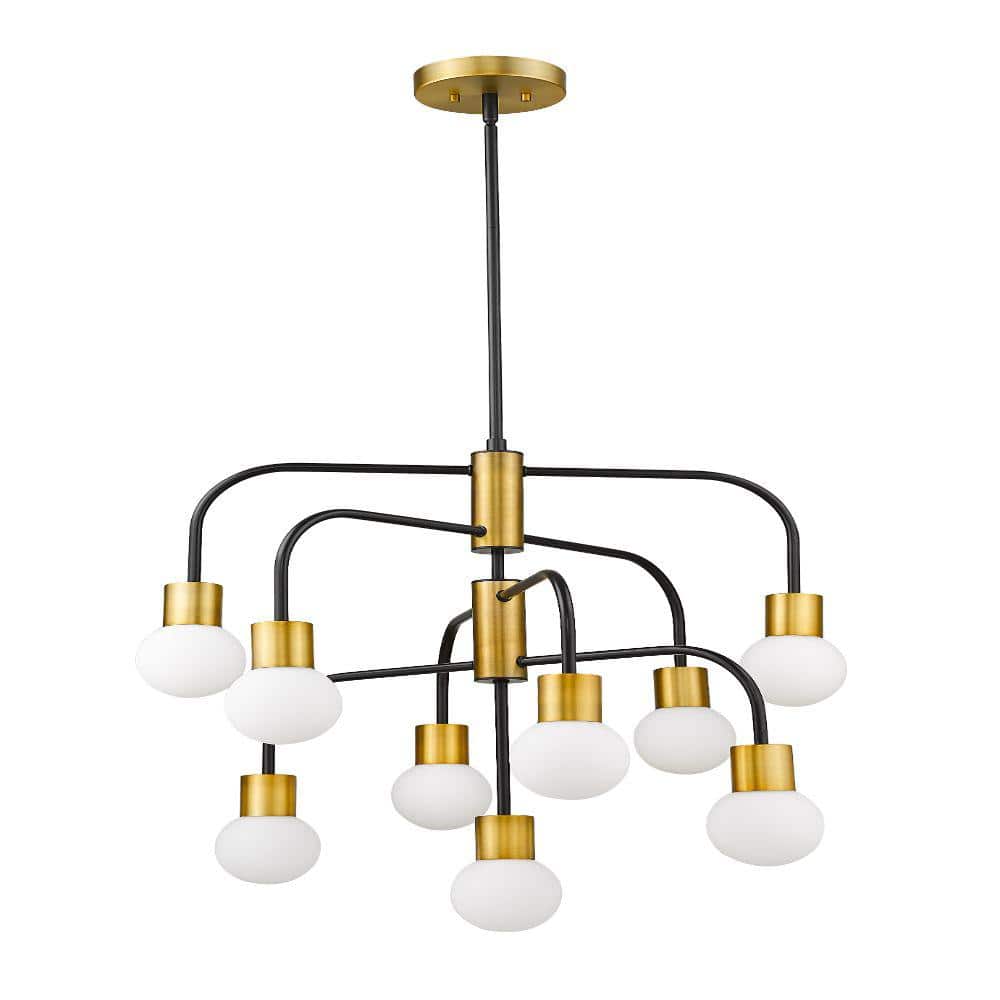 Neutra Mid-Century Modern Matte Black and Brass 9-Light Chandelier