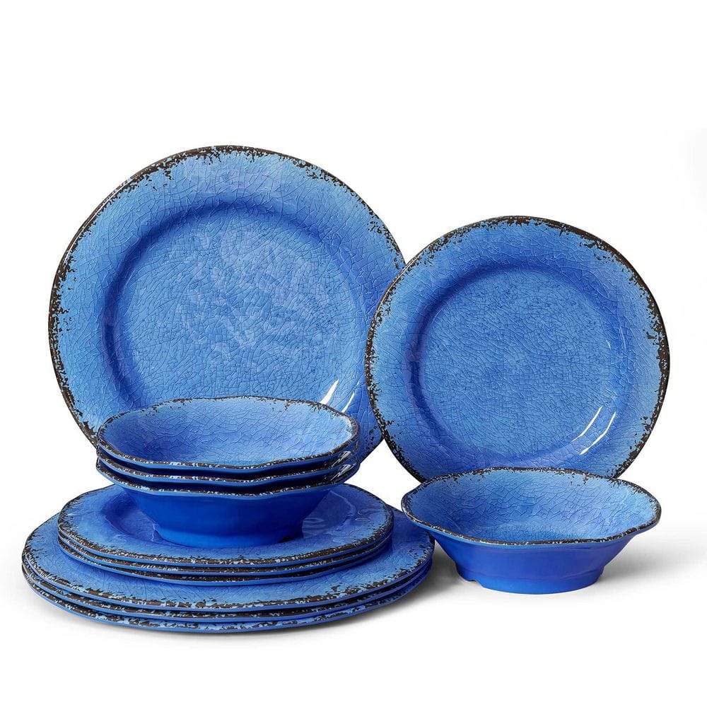Wudkey 12-Piece Blue Melamine Dinnerware Set, Lightweight and BPA Free ...